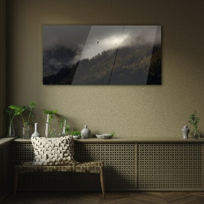 Misty mountain panorama with birds Glass Wall Art