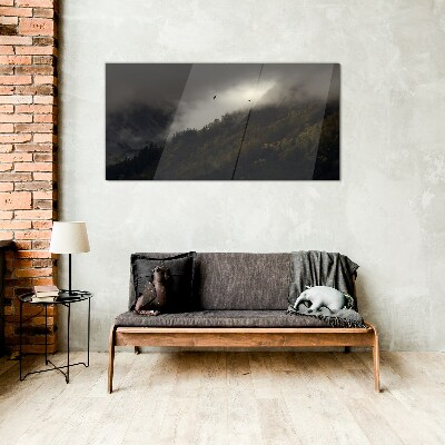 Misty mountain panorama with birds Glass Wall Art
