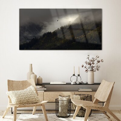 Misty mountain panorama with birds Glass Wall Art