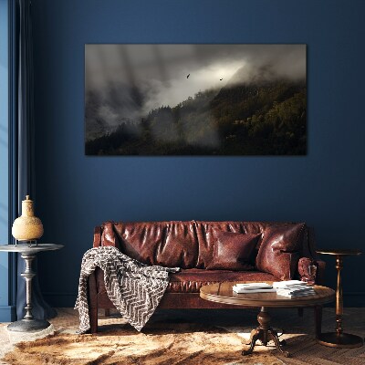 Misty mountain panorama with birds Glass Wall Art