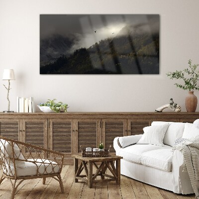 Misty mountain panorama with birds Glass Wall Art