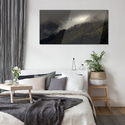 Misty mountain panorama with birds Glass Wall Art