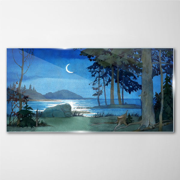 Night landscape over the water Glass Wall Art