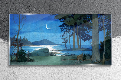 Painting sea forest night Glass Wall Art