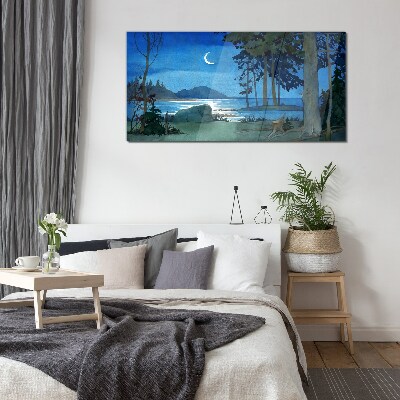 Painting sea forest night Glass Wall Art