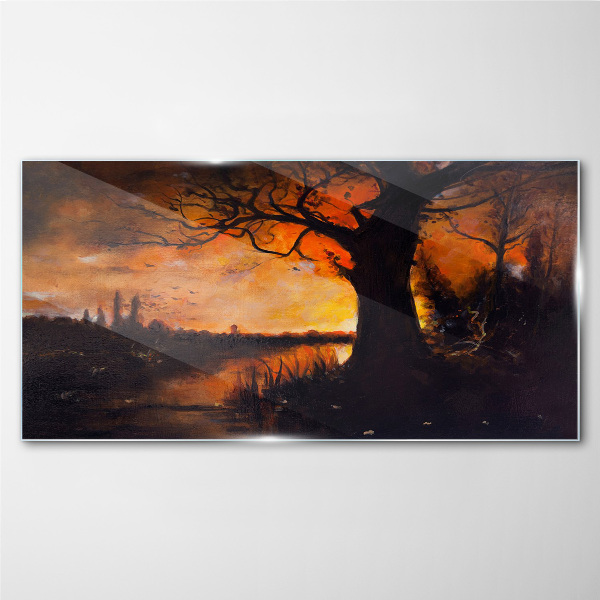 Golden hour at the lake Glass Wall Art