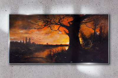 Golden hour at the lake Glass Wall Art