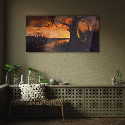 Golden hour at the lake Glass Wall Art