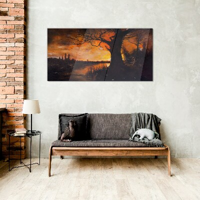 Golden hour at the lake Glass Wall Art