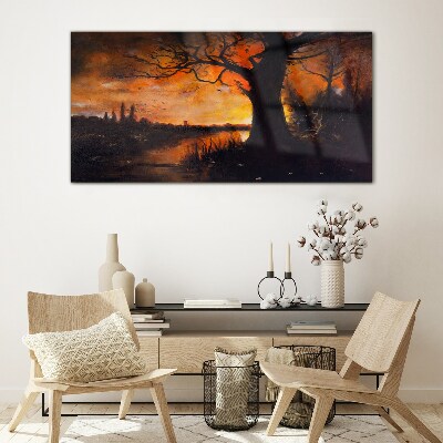 Golden hour at the lake Glass Wall Art