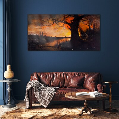 Golden hour at the lake Glass Wall Art