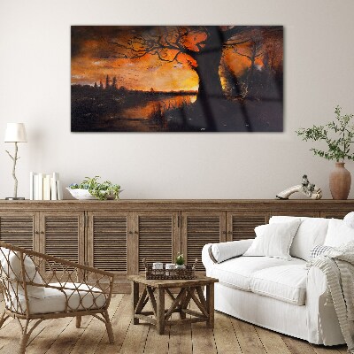 Golden hour at the lake Glass Wall Art