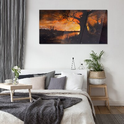 Golden hour at the lake Glass Wall Art