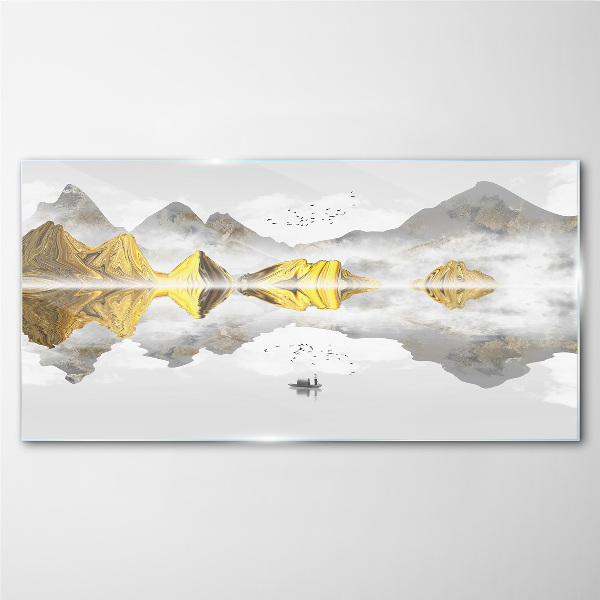 Golden mountains in mystical reflection Glass Wall Art