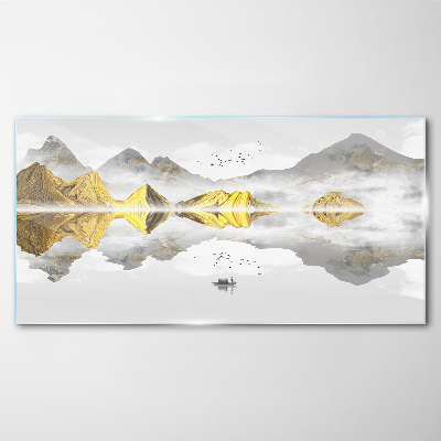 Golden mountains in mystical reflection Glass Wall Art