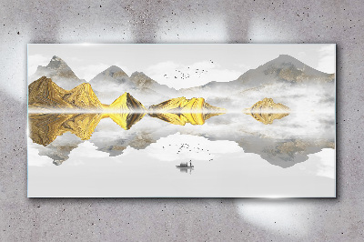 Golden mountains in mystical reflection Glass Wall Art