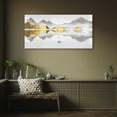 Golden mountains in mystical reflection Glass Wall Art
