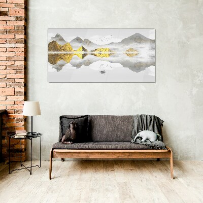 Golden mountains in mystical reflection Glass Wall Art