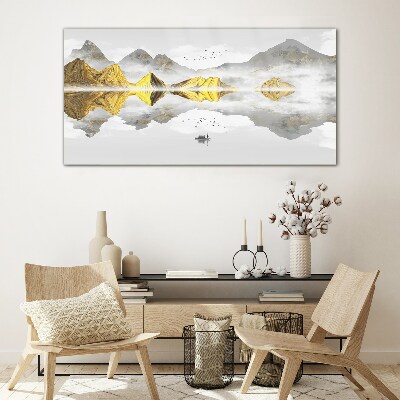 Golden mountains in mystical reflection Glass Wall Art