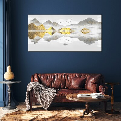 Golden mountains in mystical reflection Glass Wall Art