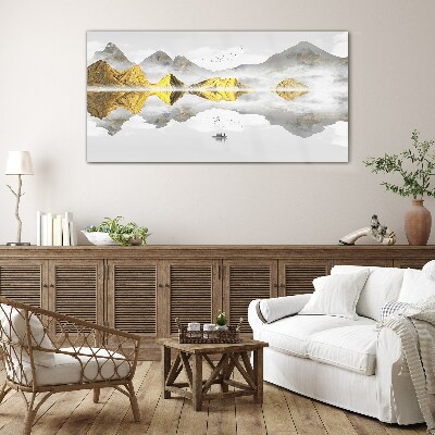 Golden mountains in mystical reflection Glass Wall Art