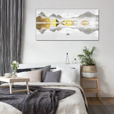 Golden mountains in mystical reflection Glass Wall Art