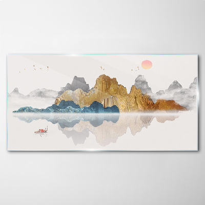 Peaceful mountain landscape with a boat Glass Wall Art