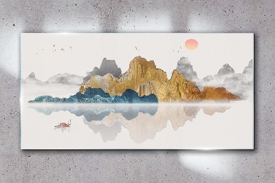 Peaceful mountain landscape with a boat Glass Wall Art