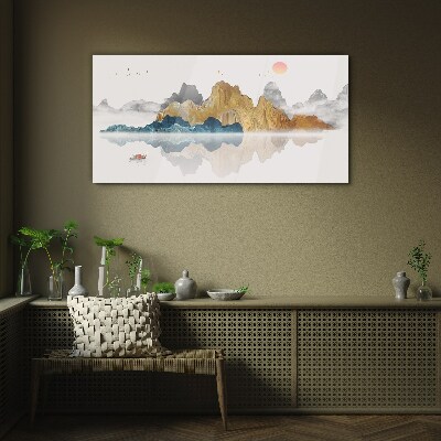 Peaceful mountain landscape with a boat Glass Wall Art