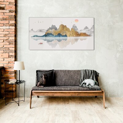 Peaceful mountain landscape with a boat Glass Wall Art