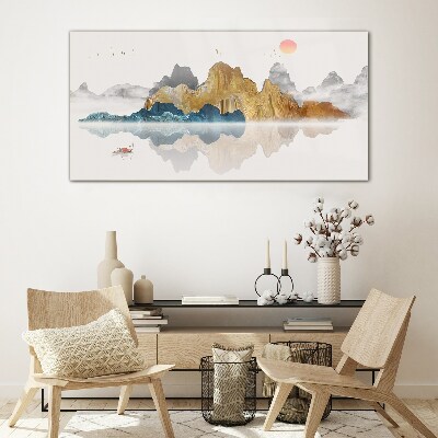 Peaceful mountain landscape with a boat Glass Wall Art