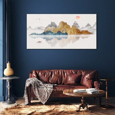 Peaceful mountain landscape with a boat Glass Wall Art