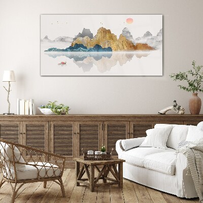 Peaceful mountain landscape with a boat Glass Wall Art