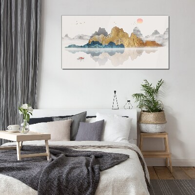 Peaceful mountain landscape with a boat Glass Wall Art