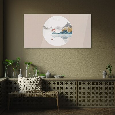 A peaceful landscape in a circle Glass Wall Art
