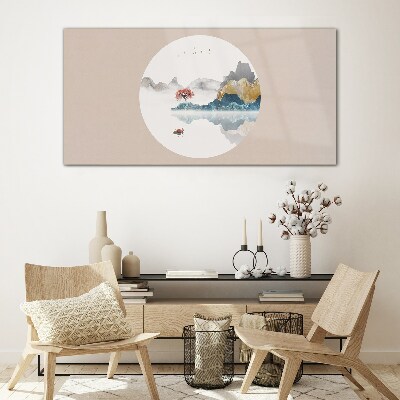 A peaceful landscape in a circle Glass Wall Art