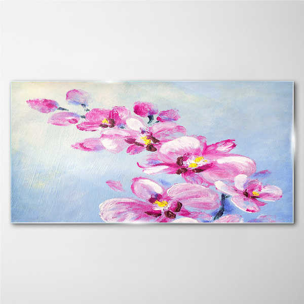 Pink orchids on a blue background Glass Wall Art