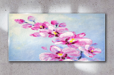 Pink orchids on a blue background Glass Wall Art