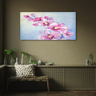 Pink orchids on a blue background Glass Wall Art