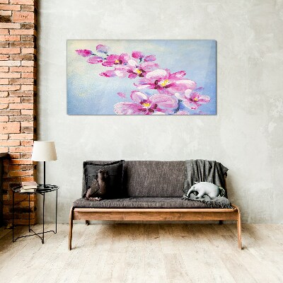 Pink orchids on a blue background Glass Wall Art