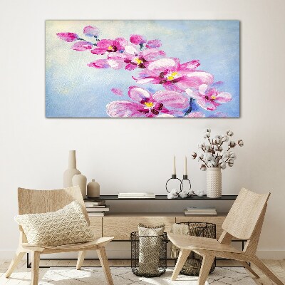 Pink orchids on a blue background Glass Wall Art