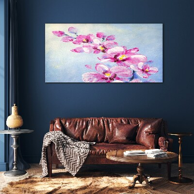 Pink orchids on a blue background Glass Wall Art