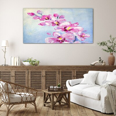 Pink orchids on a blue background Glass Wall Art