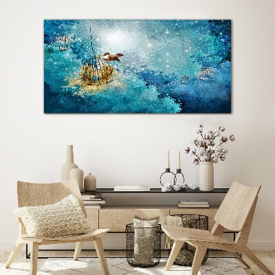 A caged bird against the sky Glass Wall Art
