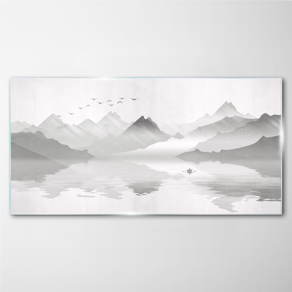 A peaceful mountain landscape in monochrome Glass Wall Art