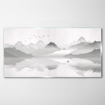 A peaceful mountain landscape in monochrome Glass Wall Art