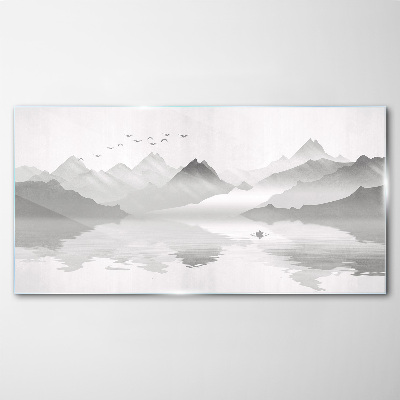 Abstraction lake mountains birds Glass Wall Art