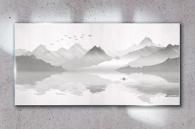 A peaceful mountain landscape in monochrome Glass Wall Art