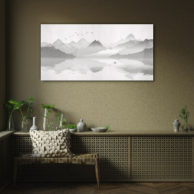 A peaceful mountain landscape in monochrome Glass Wall Art