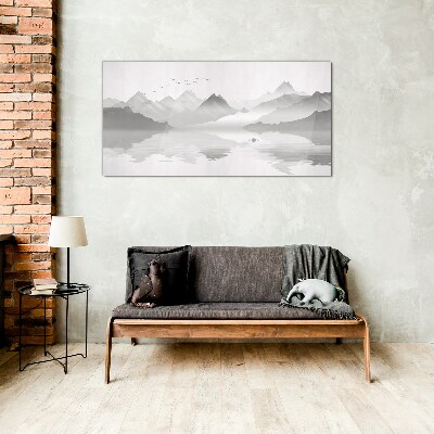 A peaceful mountain landscape in monochrome Glass Wall Art